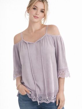 by & by Lavender Cold-Shoulder Crochet Trim Top